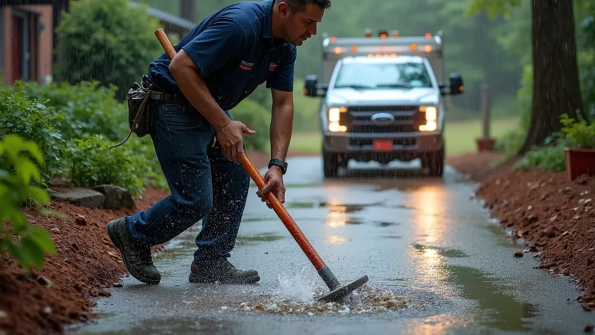 Heavy rain running off a driveway toward a home foundation in the Chattanooga area