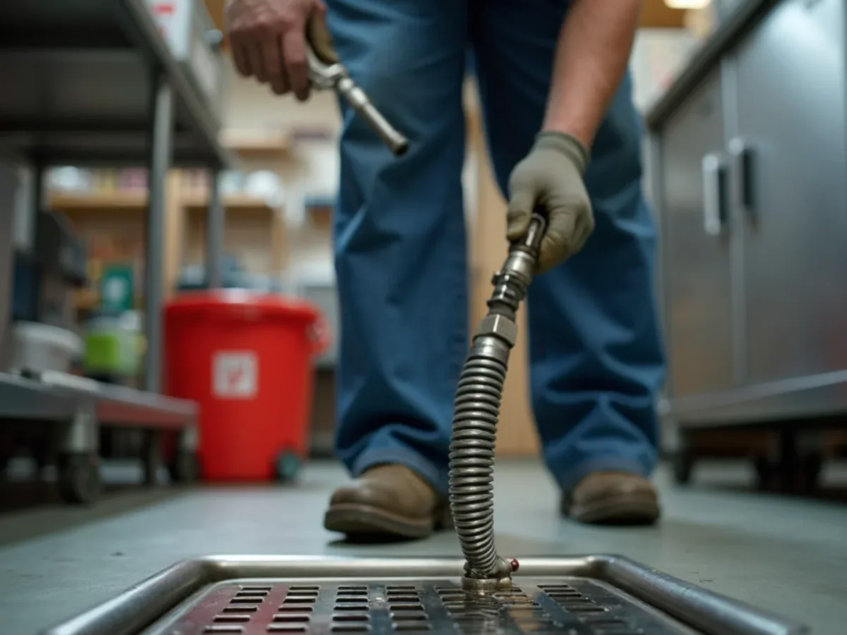 Commercial kitchen floor drain being serviced before opening in Ooltewah, TN