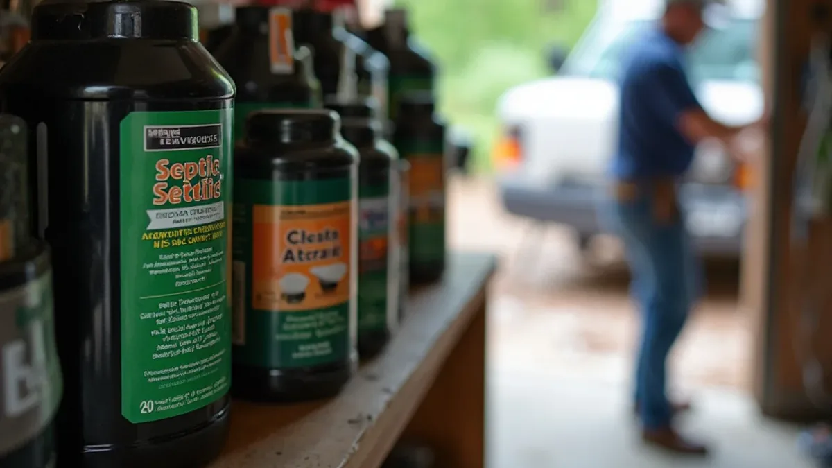 Septic tank additive products on a shelf next to an open septic tank access lid