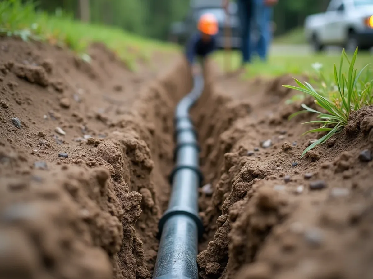 Open septic drain field trench during repair near Ooltewah, TN