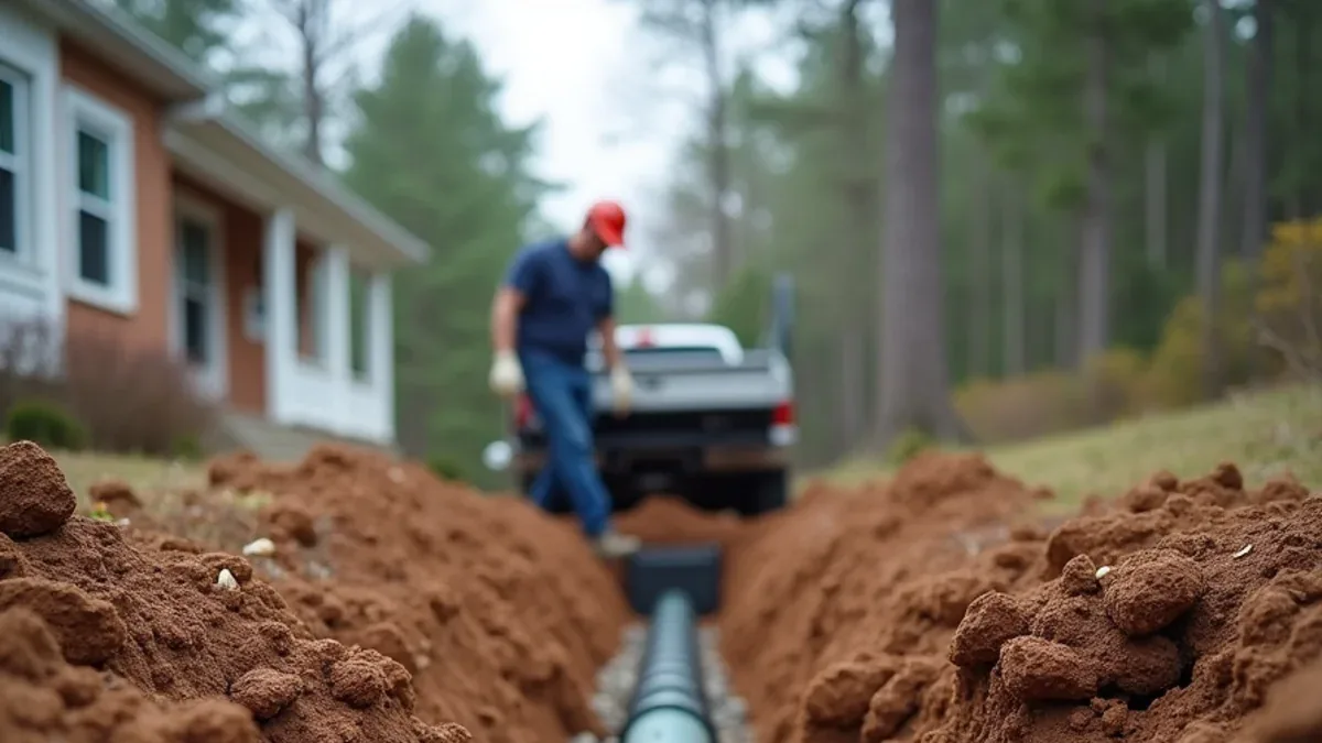 Crew excavating a failed septic drain field trench at a rural home outside Ooltewah, TN