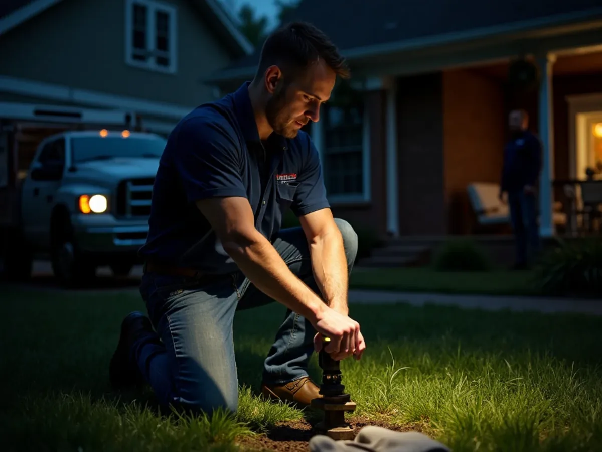Emergency plumber shutting off water during a night callout in Ooltewah, TN