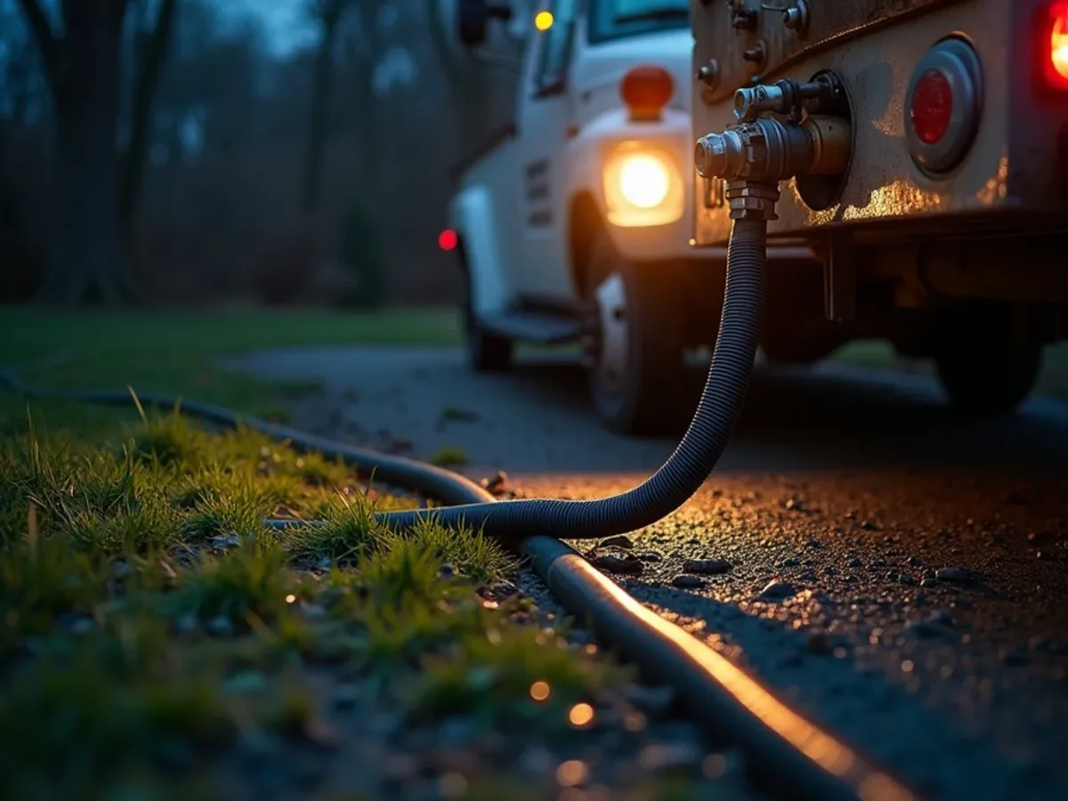 Septic pump truck working under work lights during an emergency in Ooltewah, TN
