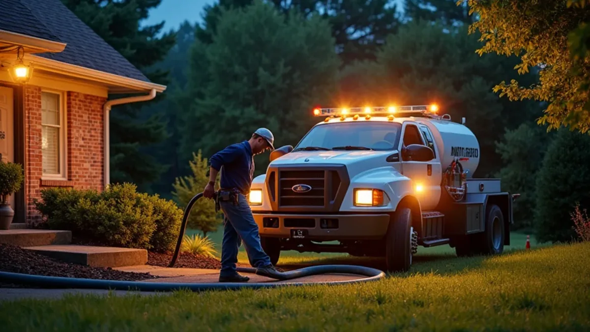 Emergency septic pump truck responding to a septic backup at an Ooltewah, TN home at night