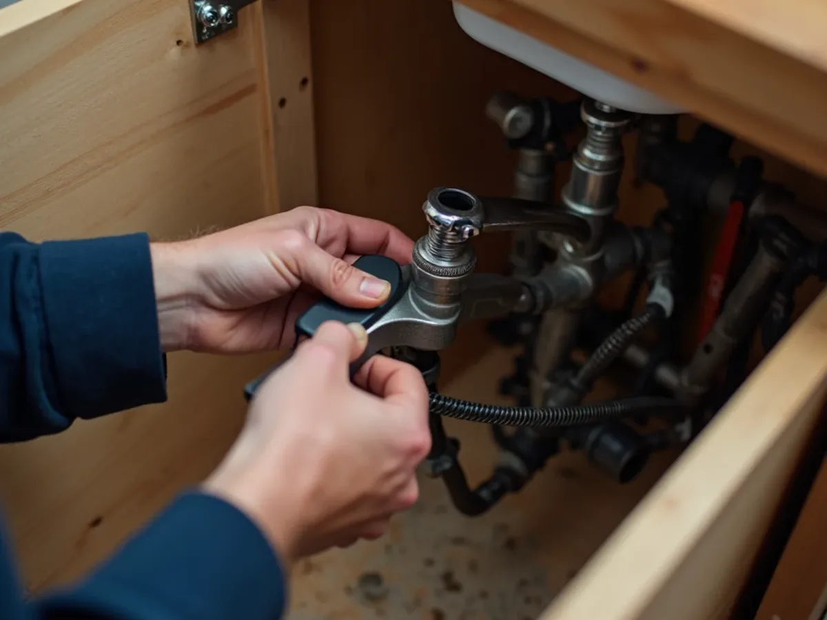 Plumber fitting a new kitchen faucet under the sink in Ooltewah, TN