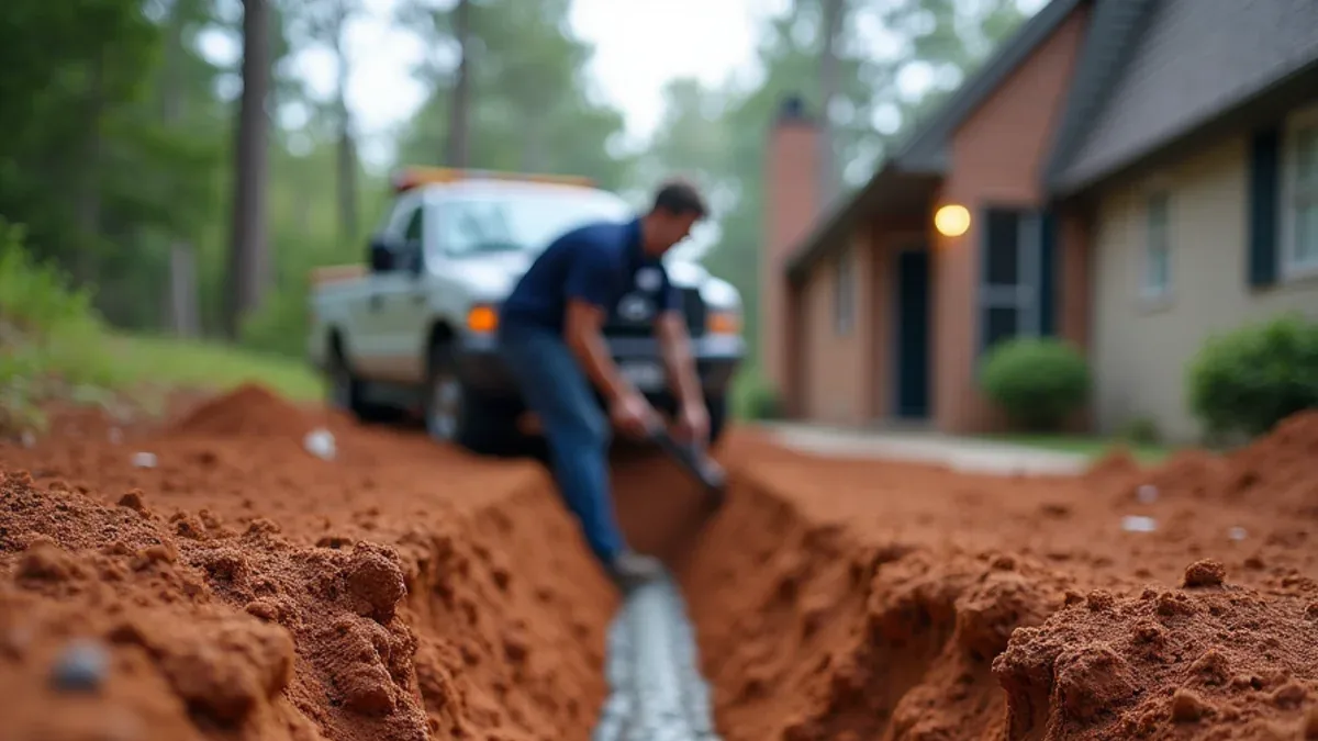 Excavated septic field line showing perforated pipe and washed stone at an Ooltewah, TN property