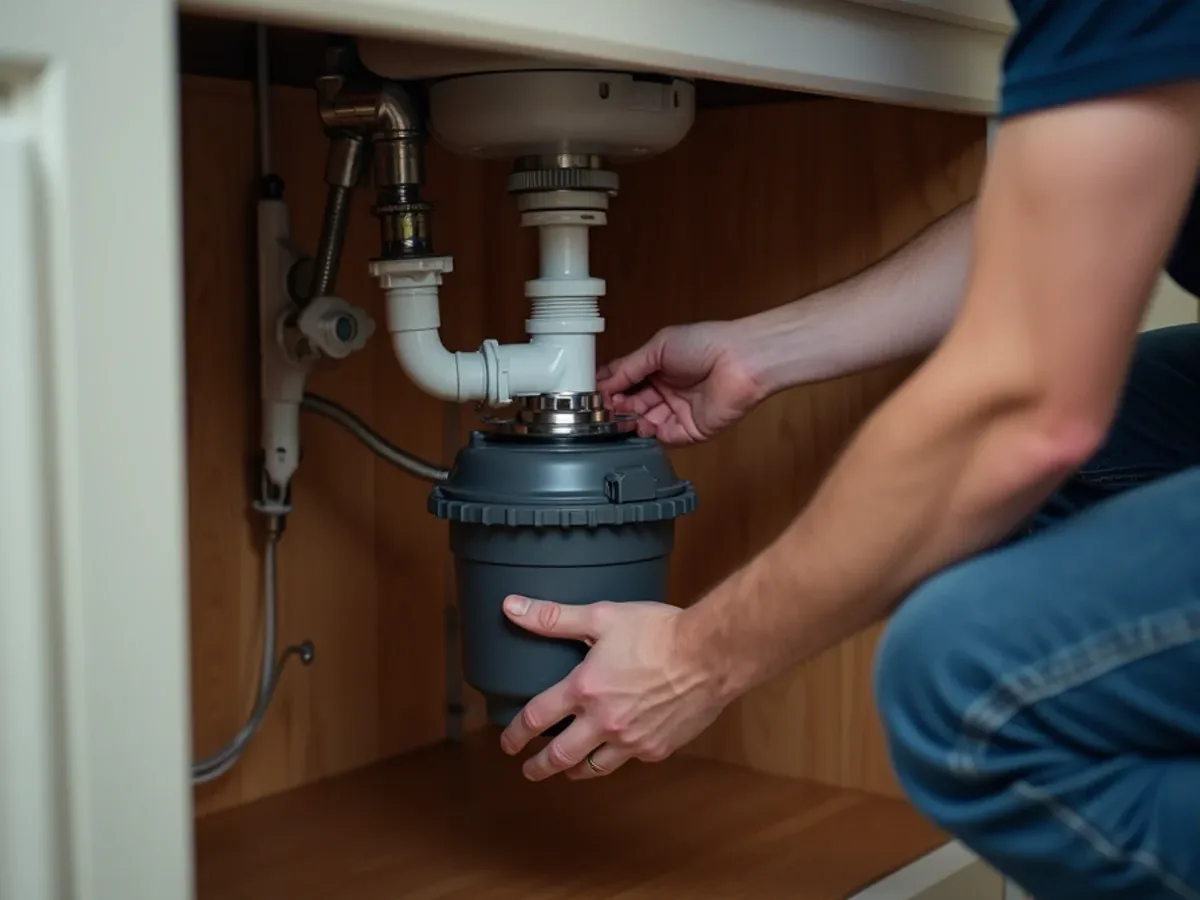 New garbage disposal being mounted under a kitchen sink in Ooltewah, TN