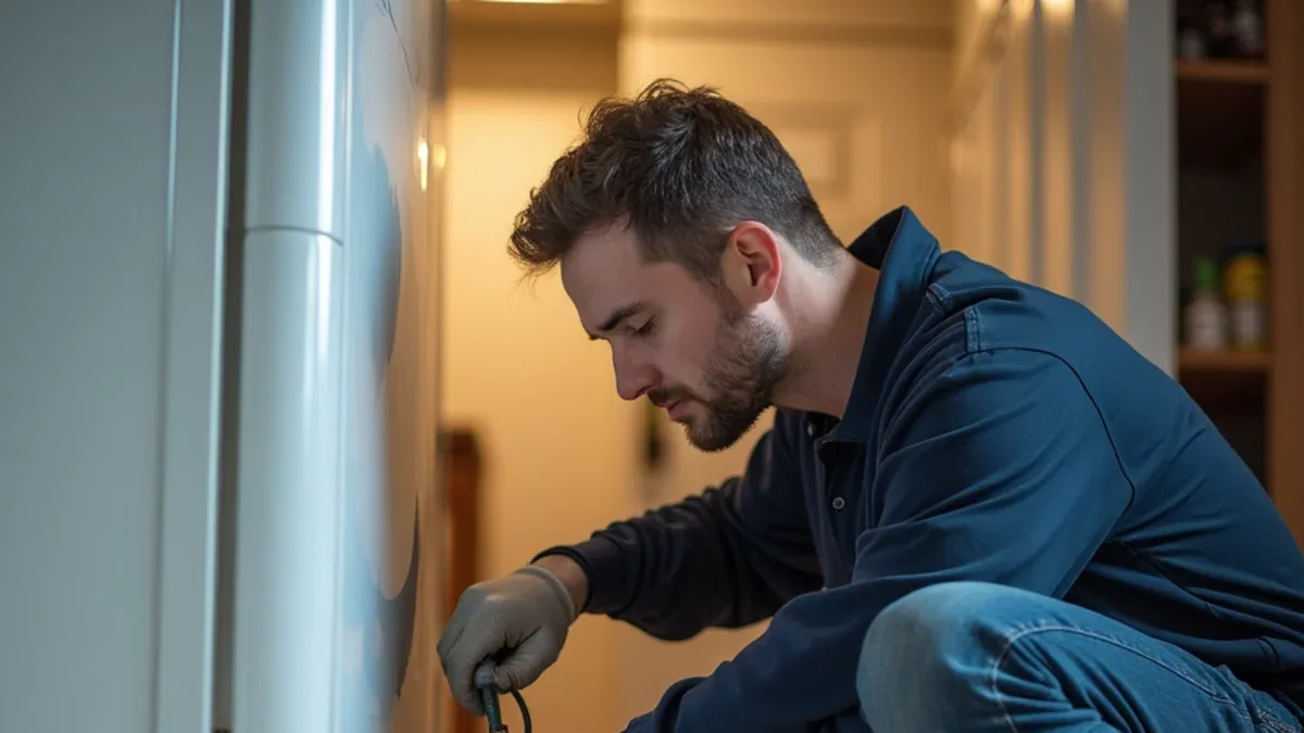 Plumber checking a gas connection with leak detection solution at a home appliance