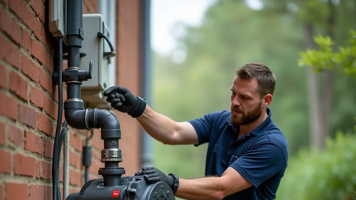 Technician servicing a grinder pump and control panel at a residential property in Ooltewah, TN