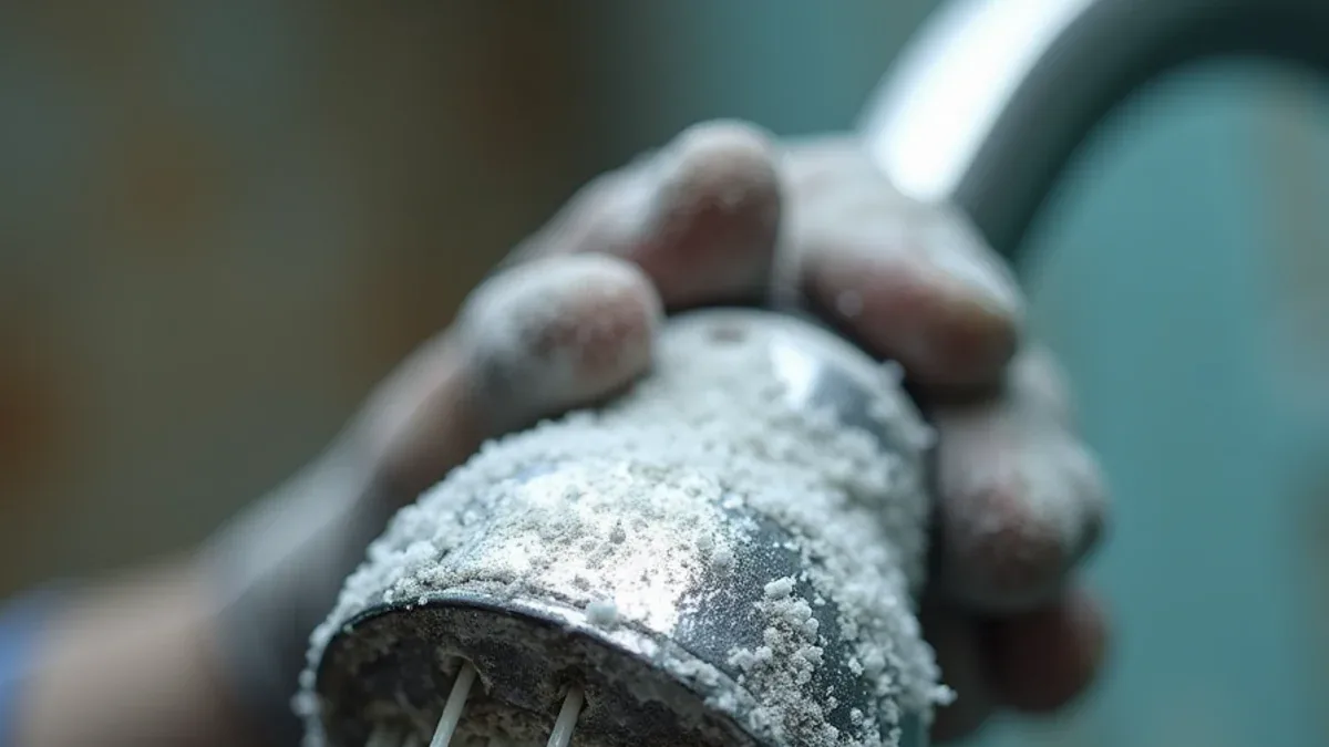 Heavy limescale buildup on a showerhead and faucet caused by hard water