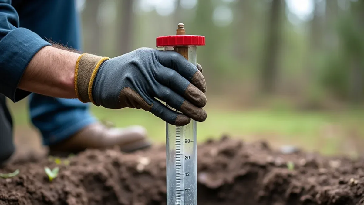 Septic technician measuring sludge depth inside a residential septic tank in Tennessee