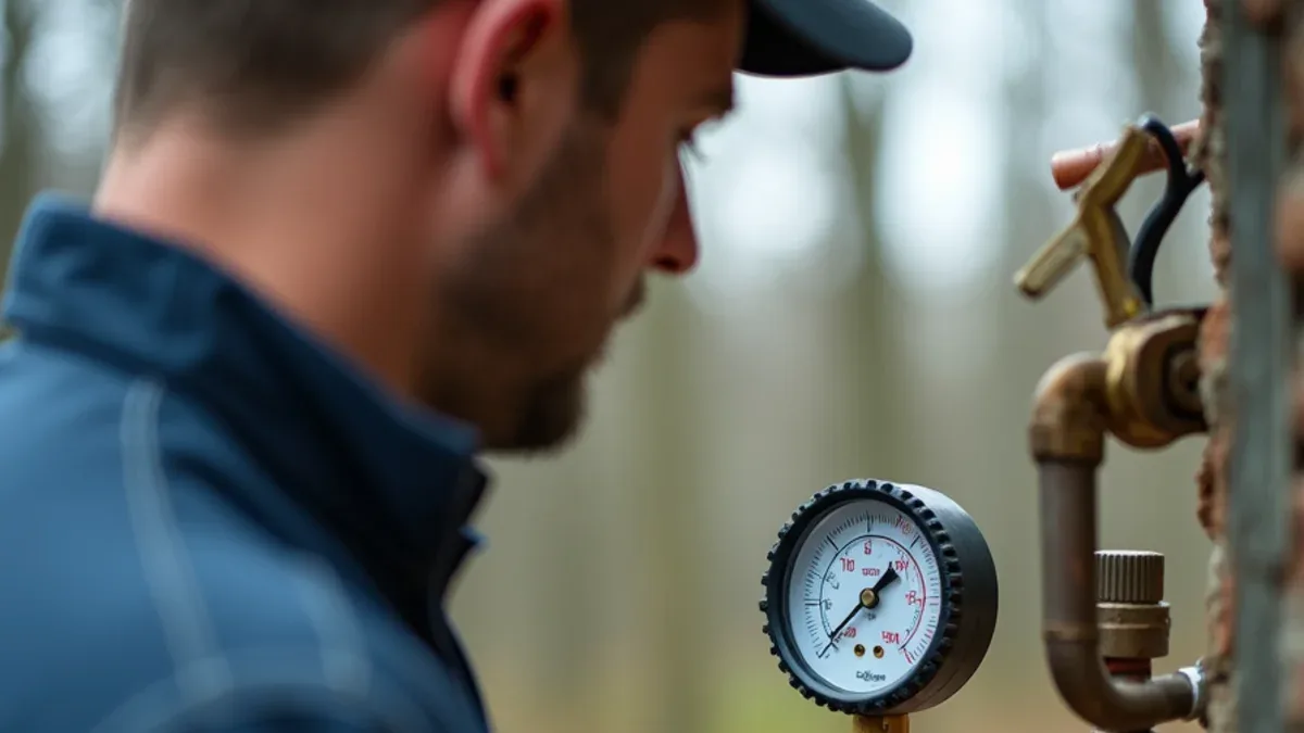 Water pressure gauge attached to an outdoor hose bib showing a household pressure reading