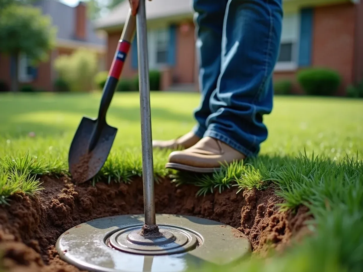 Homeowner locating a septic tank lid in the yard of a new home