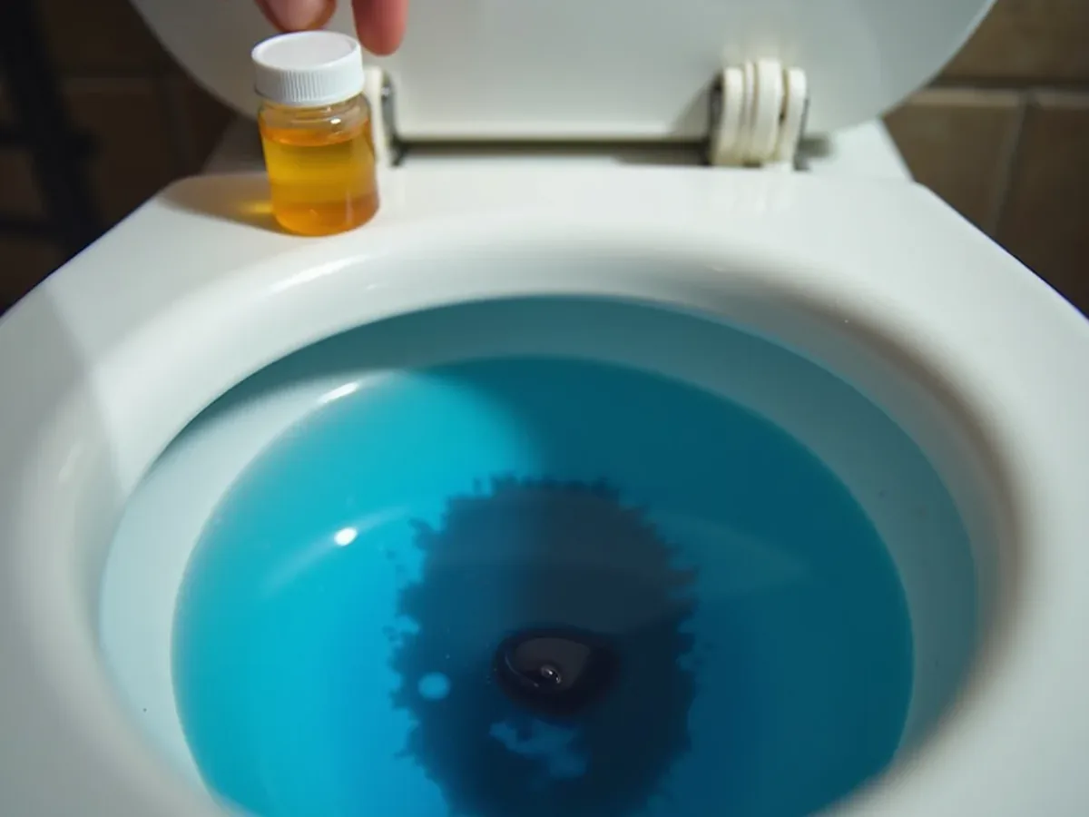 Food coloring dropped into a toilet tank to test for a leaking flapper