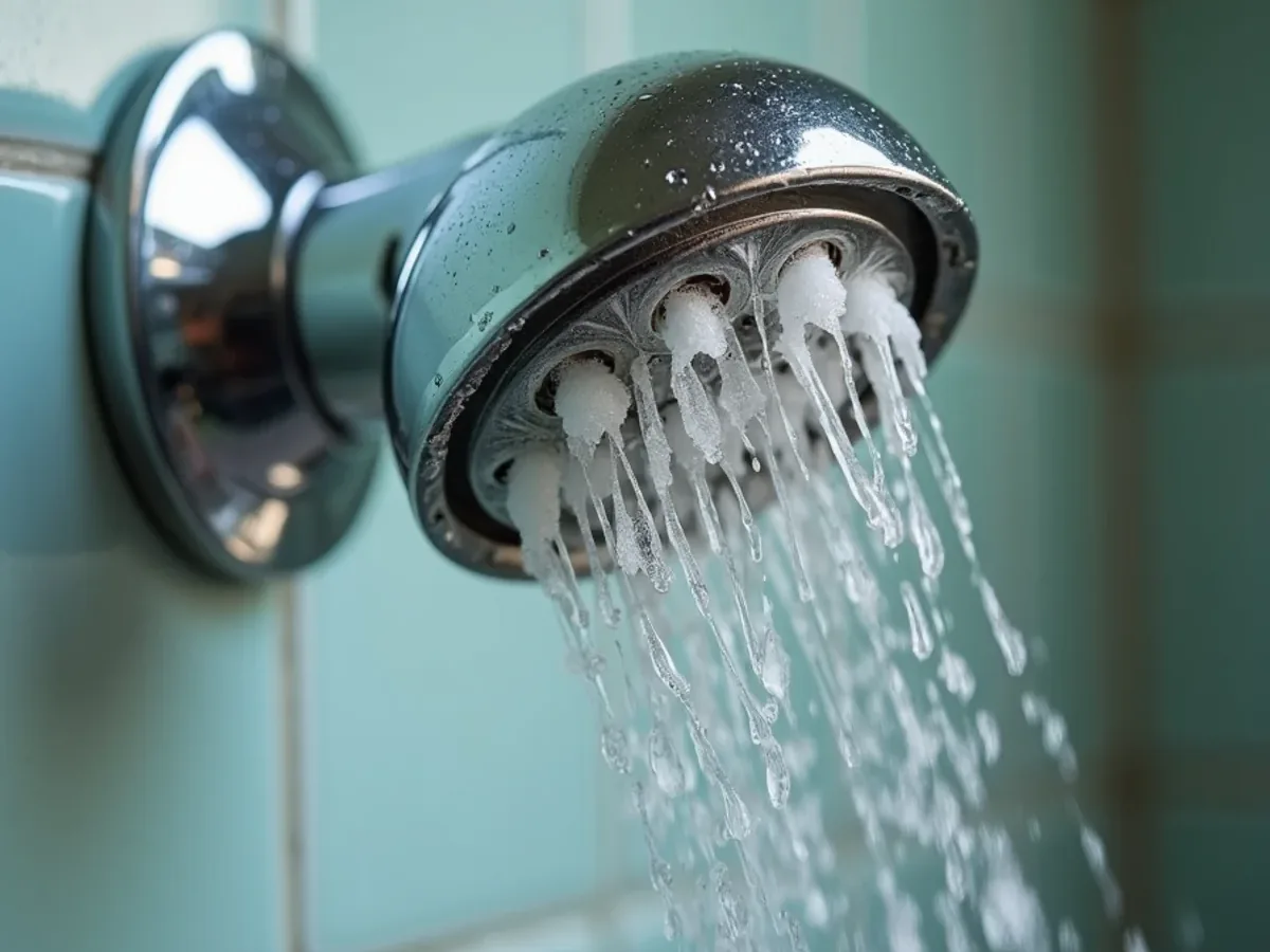 Hard water limescale build-up on a showerhead in an Ooltewah, TN home