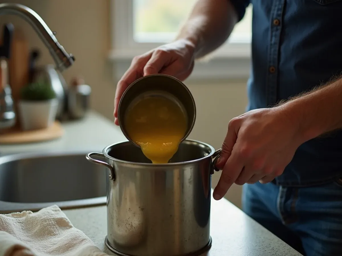 Cooking grease being poured into a can instead of down the sink