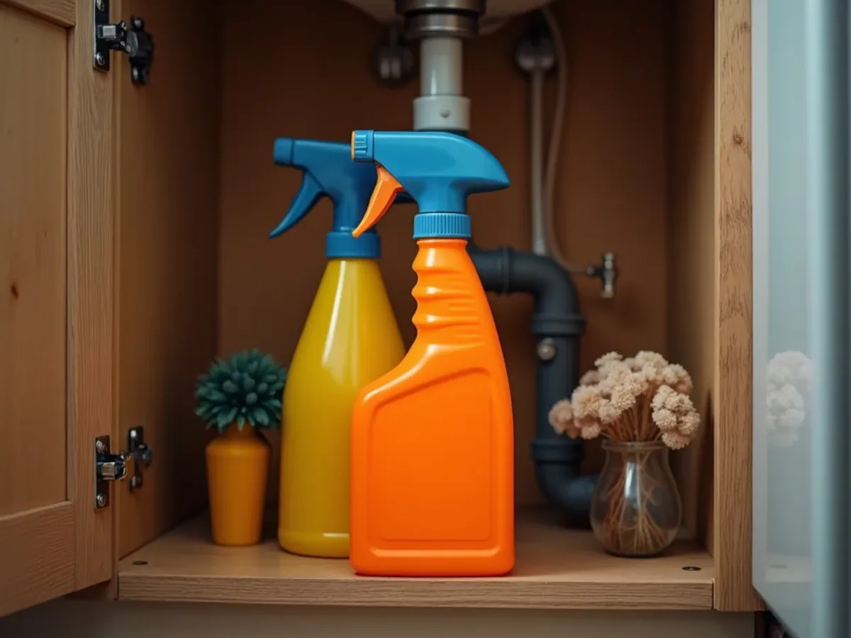 Chemical drain cleaner bottles under a kitchen sink beside a septic system