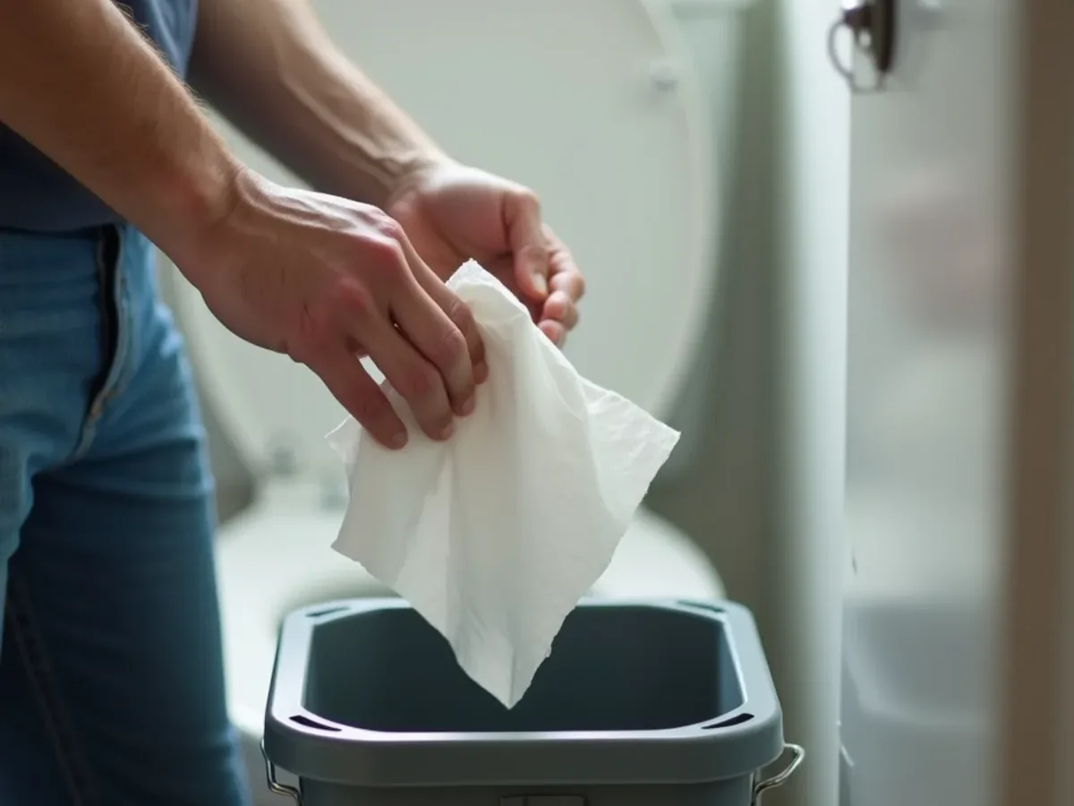 Used paper towel being put in a bin rather than flushed