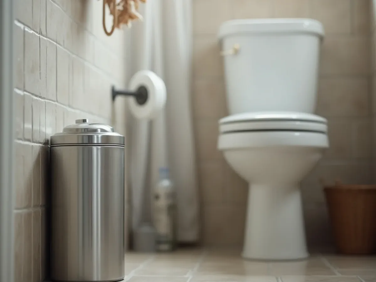 Lidded bathroom bin used for hygiene products on a septic system