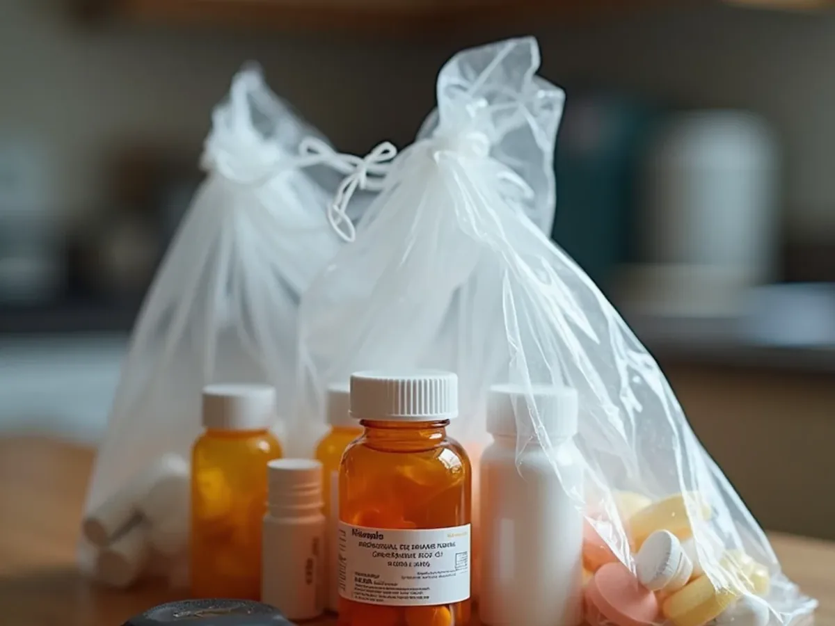 Unused medication bagged for pharmacy take-back rather than flushing