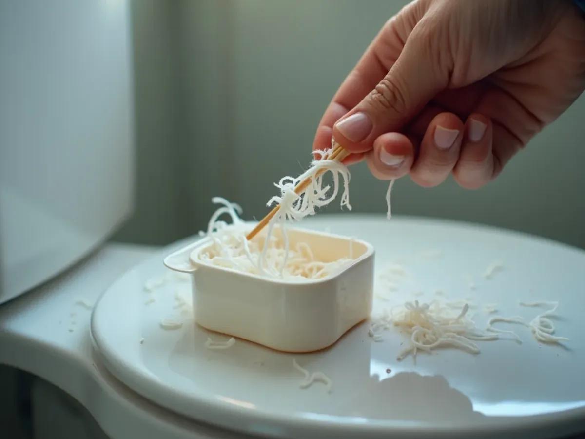 Dental floss and cotton swabs beside a bathroom bin on a septic property