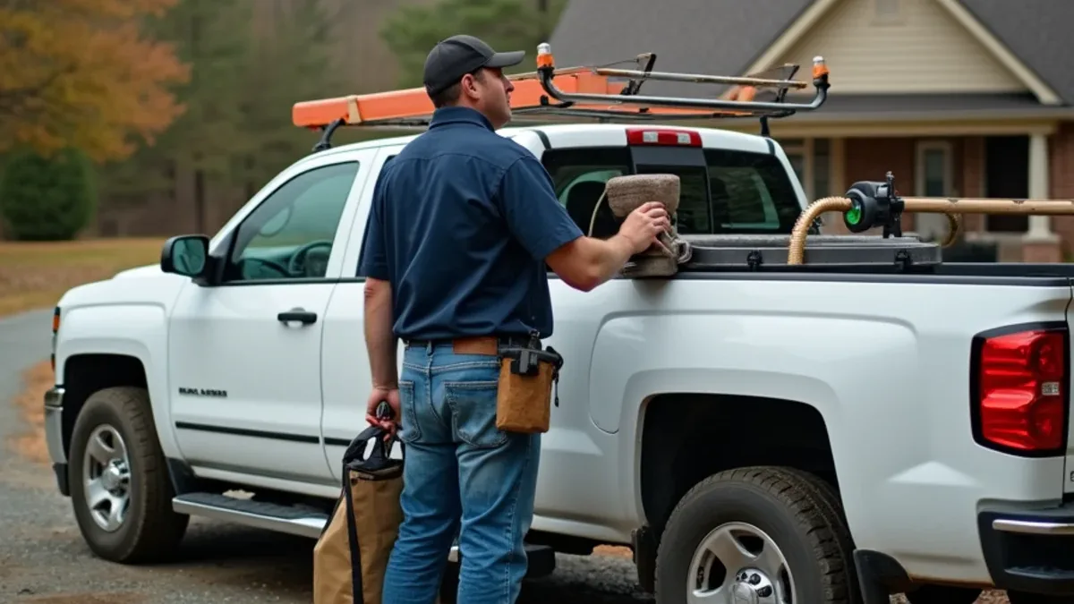 Septic and plumbing service truck at a rural home in Graysville, TN