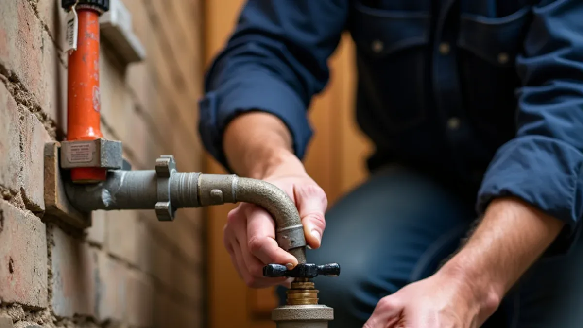 Homeowner closing the main water shutoff valve during a plumbing emergency