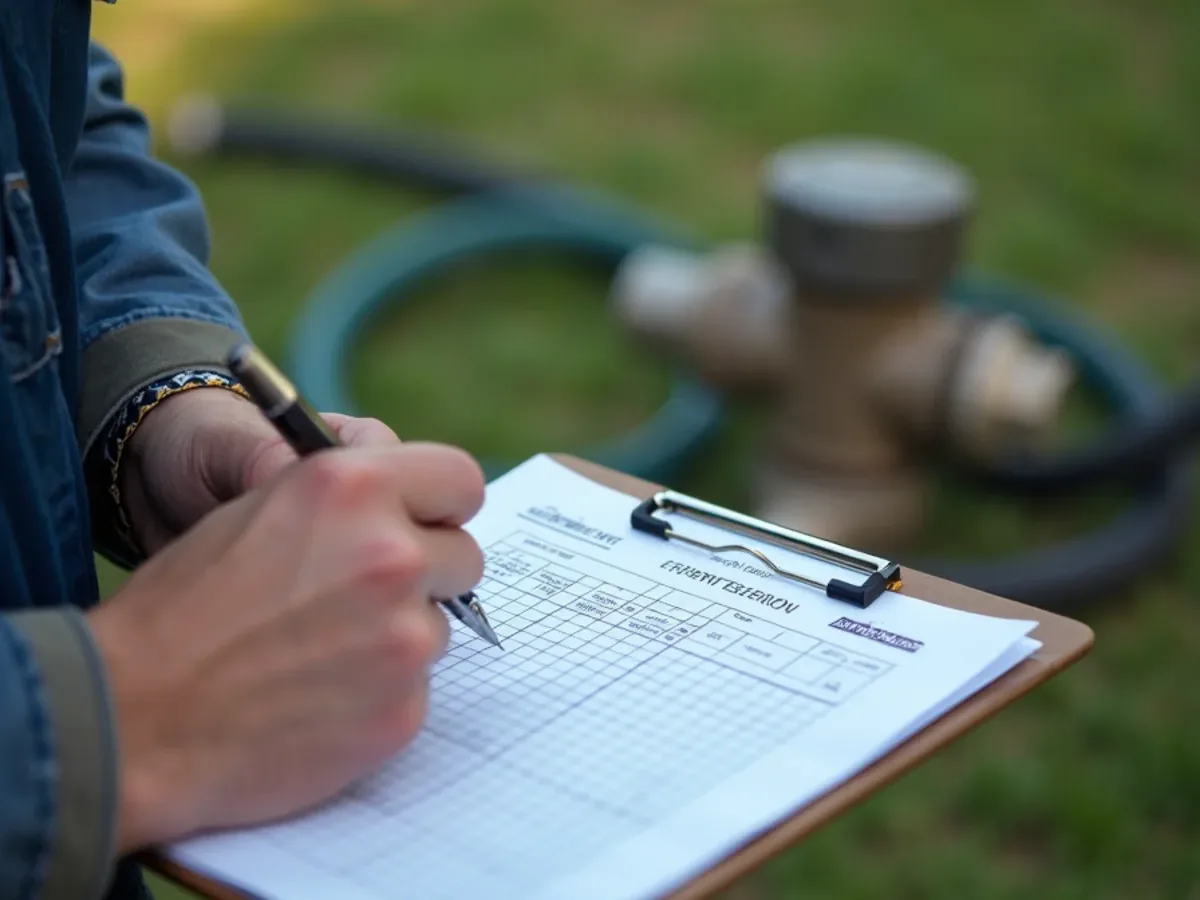 Technician recording septic tank measurements on a service log in Ooltewah, TN