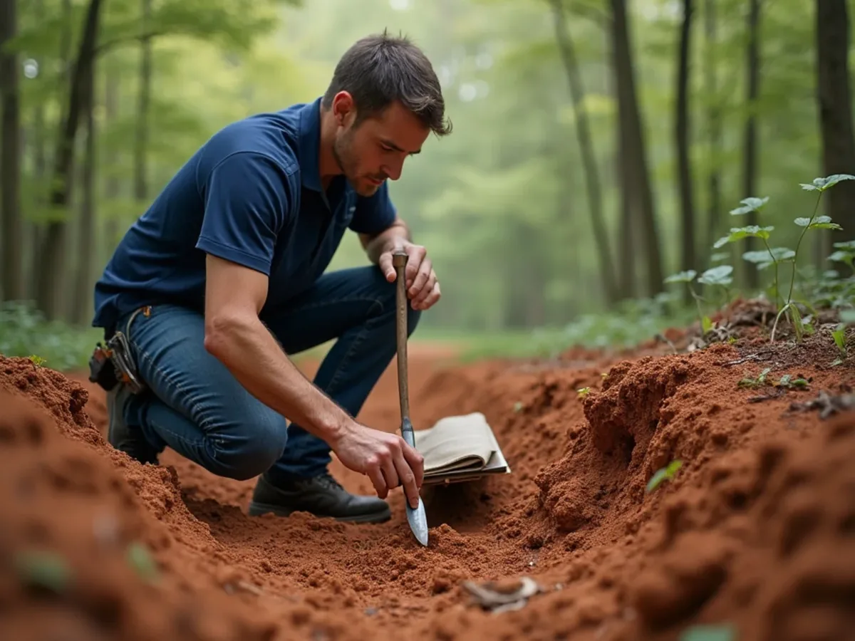 Soil scientist examining a test pit profile during a septic soil evaluation