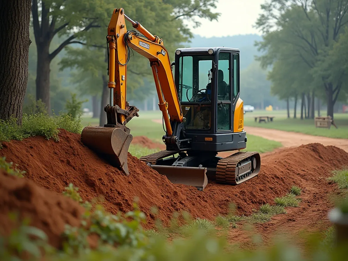Excavator working a steep sloped site for a septic system installation