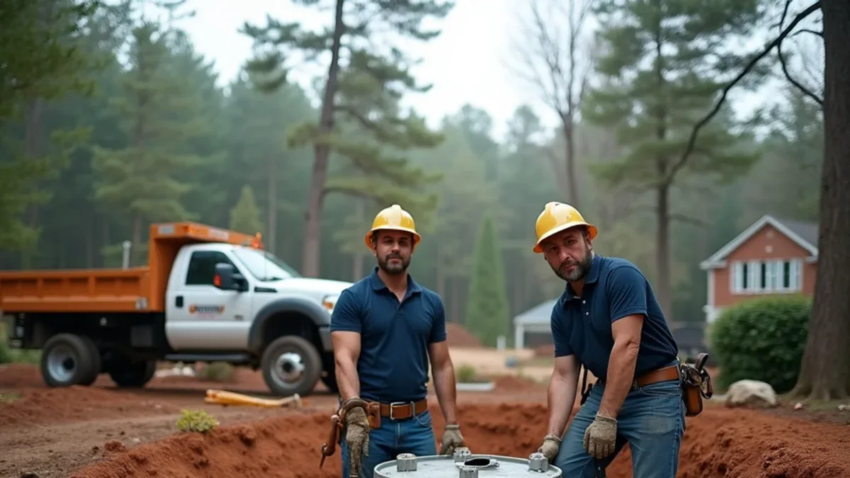 New septic tank being set into an excavated hole at a Tennessee construction site