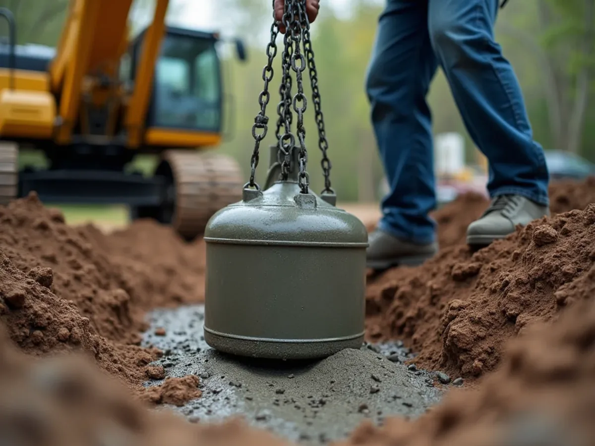 Concrete septic tank being set into a prepared excavation in Ooltewah, TN