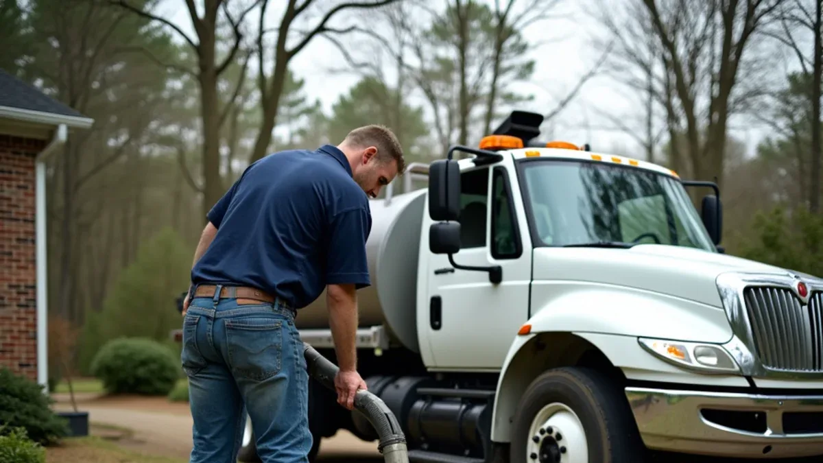 Septic pump truck servicing a residential tank on a rural property in Hamilton County, Tennessee