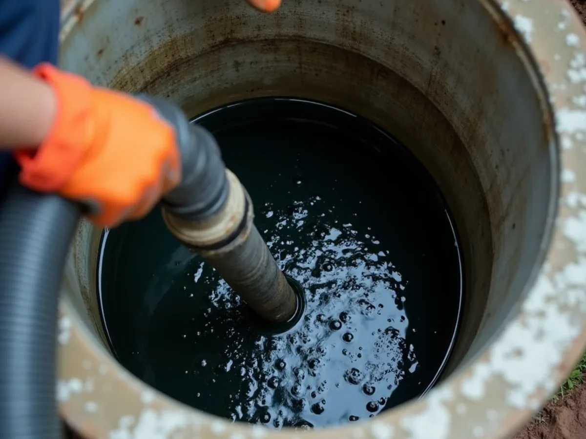 Vacuum hose lowered into an open septic tank during pumping in Ooltewah, TN