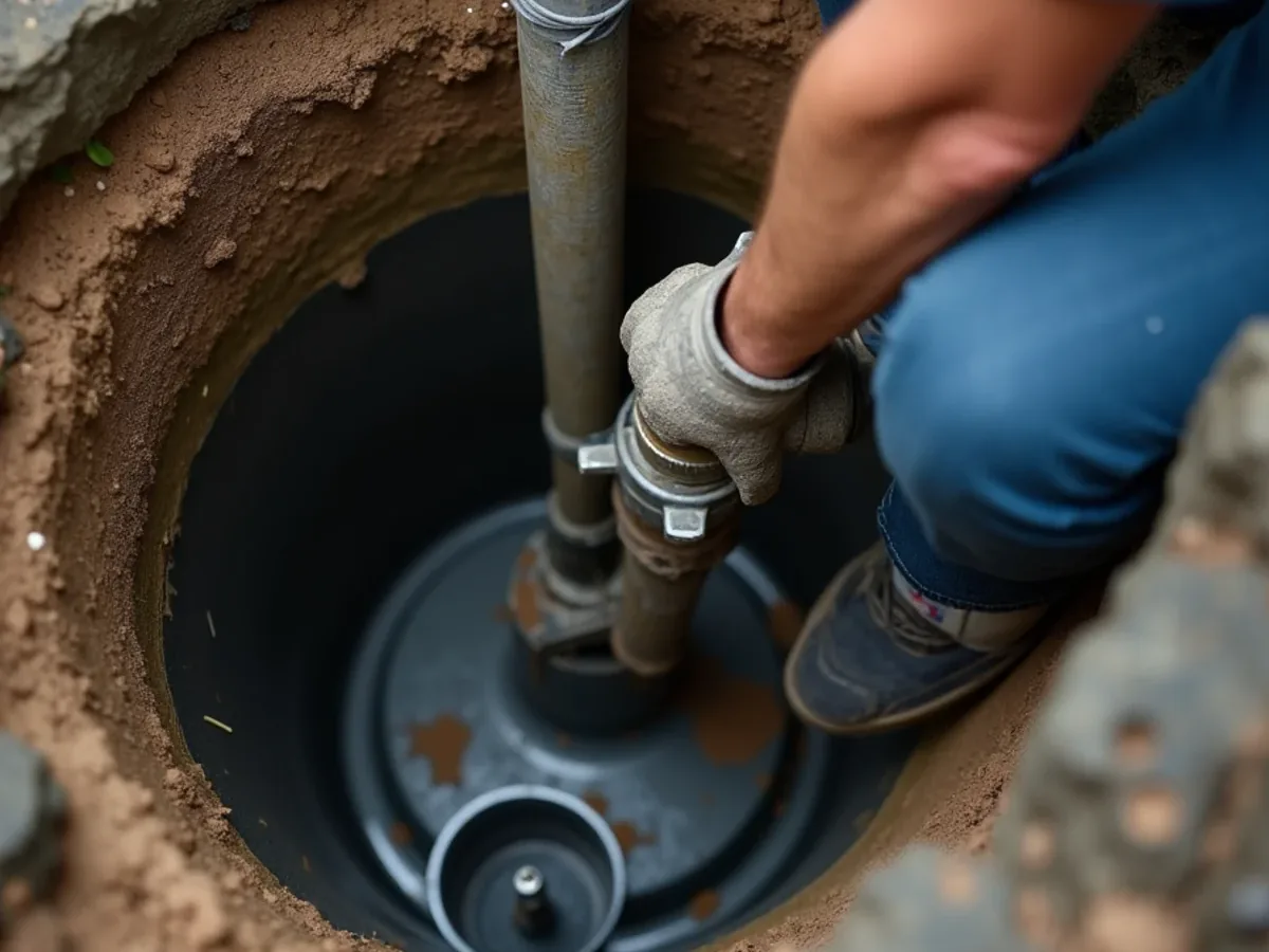 Replacement outlet baffle being fitted inside a septic tank in Ooltewah, TN