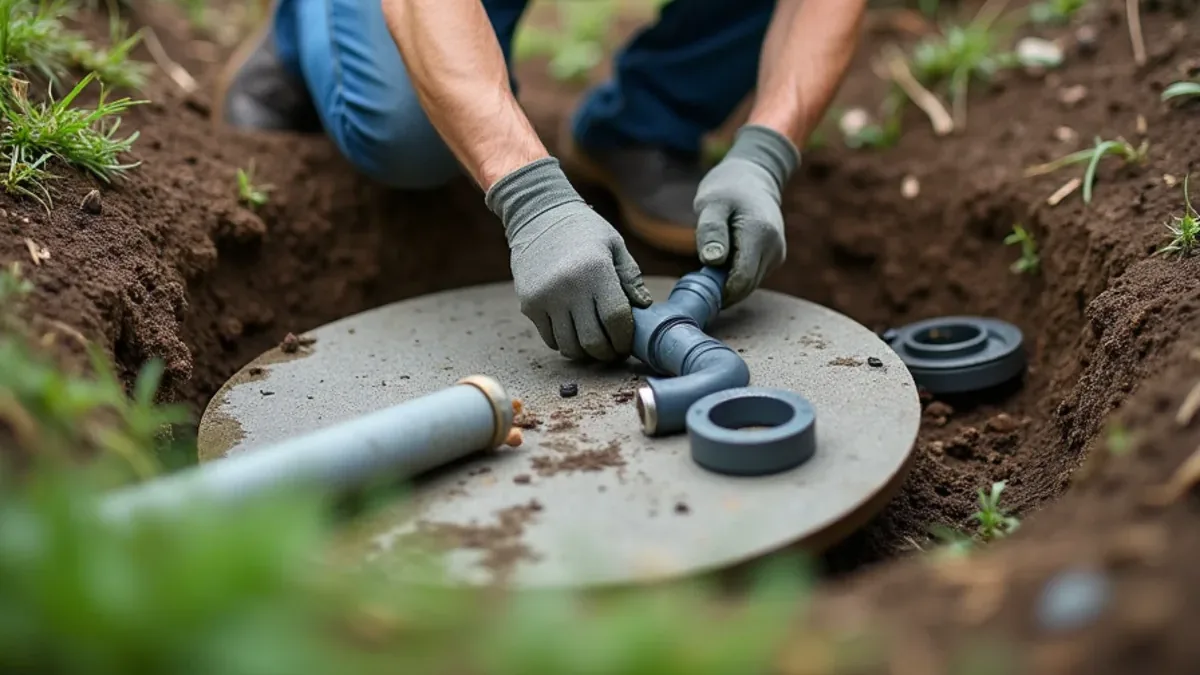 Septic technician replacing an outlet baffle inside a concrete septic tank in Ooltewah, TN