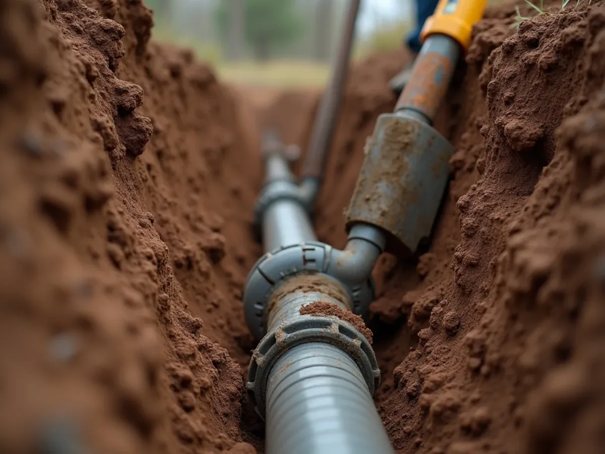 Excavated sewer line trench during a repair in Ooltewah, TN