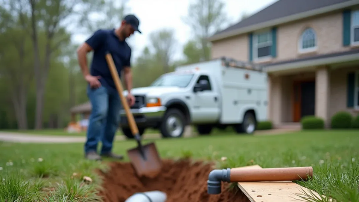 Excavated sewer line repair showing a replaced section of pipe at an Ooltewah, TN property