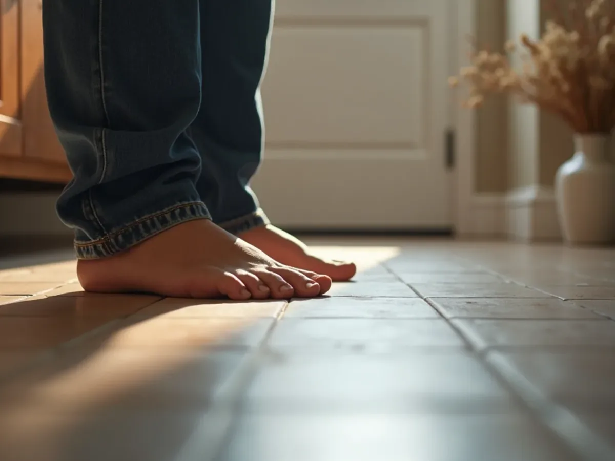 Warm patch on a tiled floor indicating a hot water slab leak
