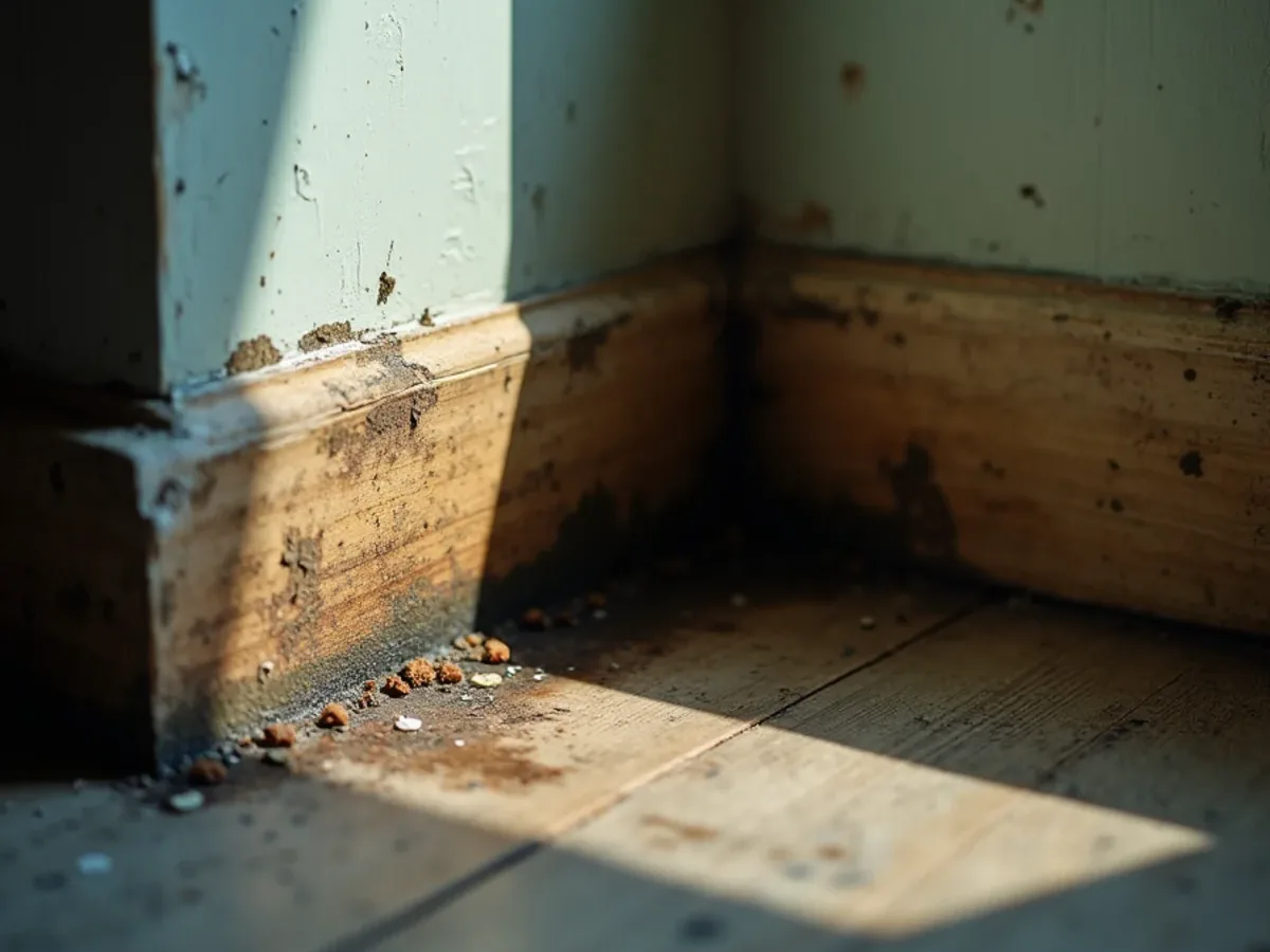 Damp staining and musty mould at a baseboard from a concealed leak