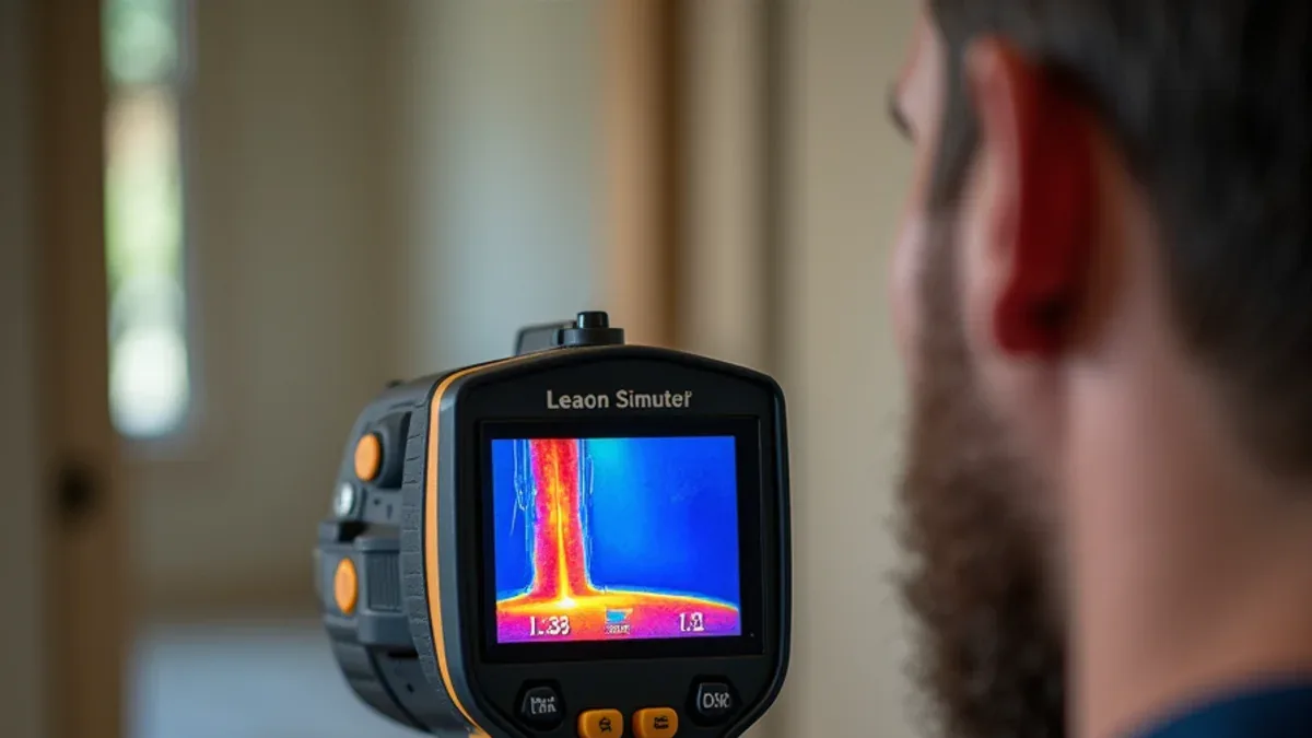 Thermal imaging camera revealing a hidden hot water leak behind a wall