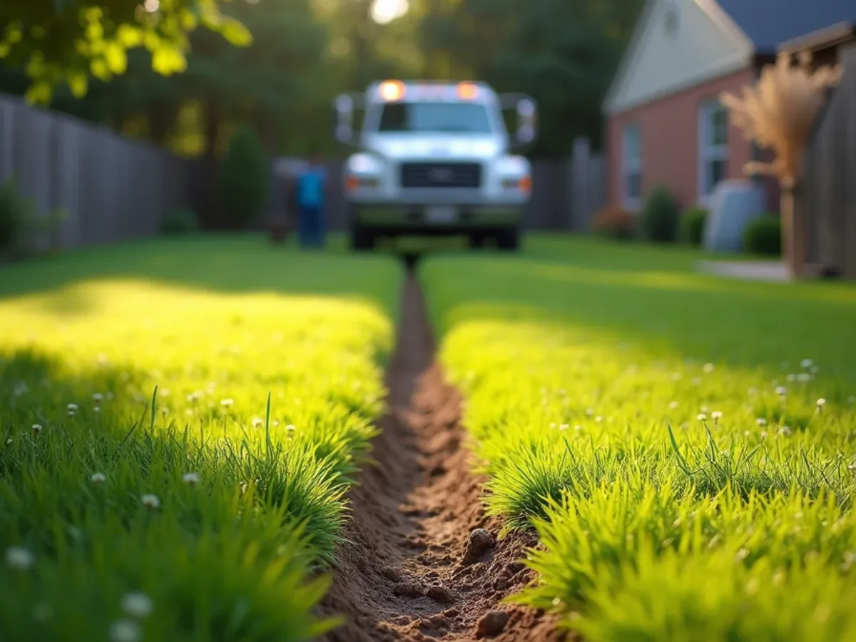 Bright green stripe of grass over a septic drain field in a Tennessee yard
