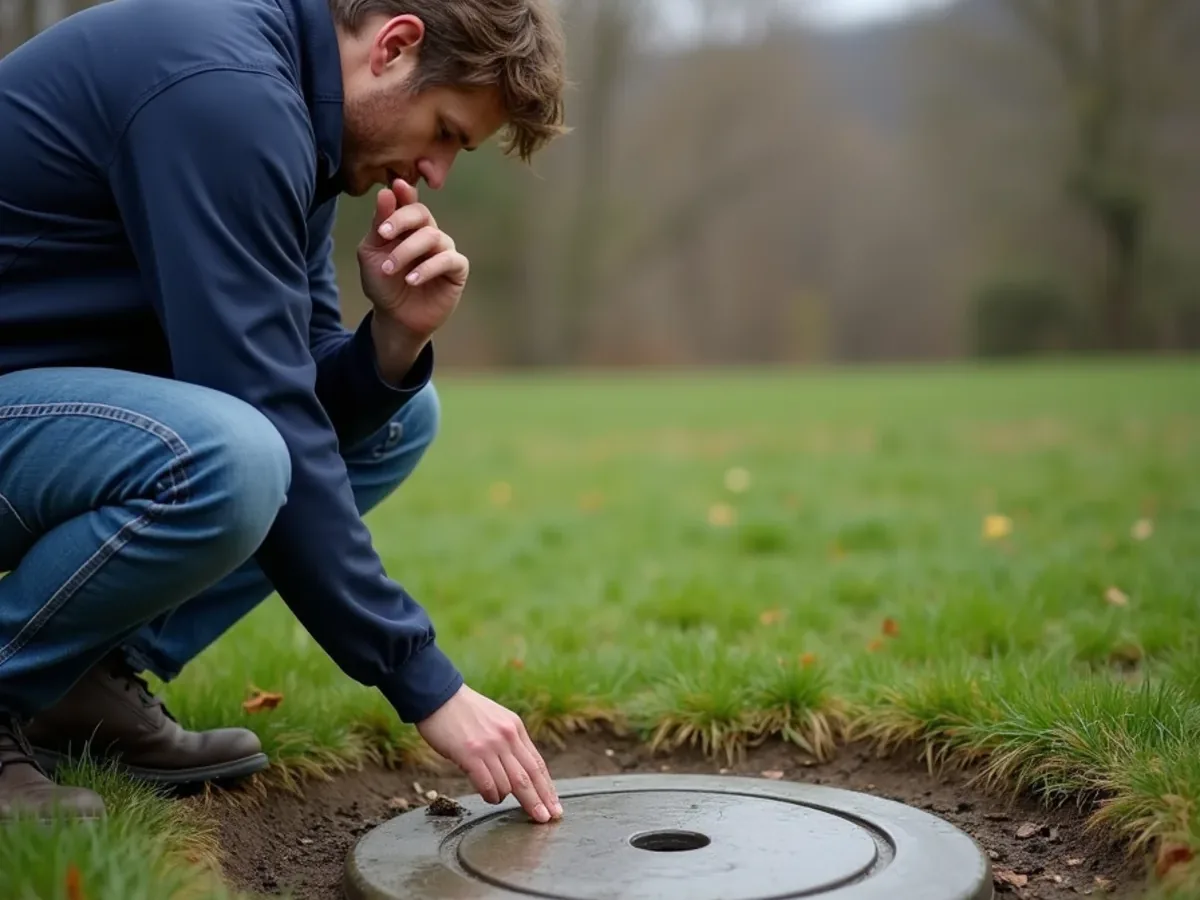 Homeowner noticing sewage odor near a septic tank lid outdoors