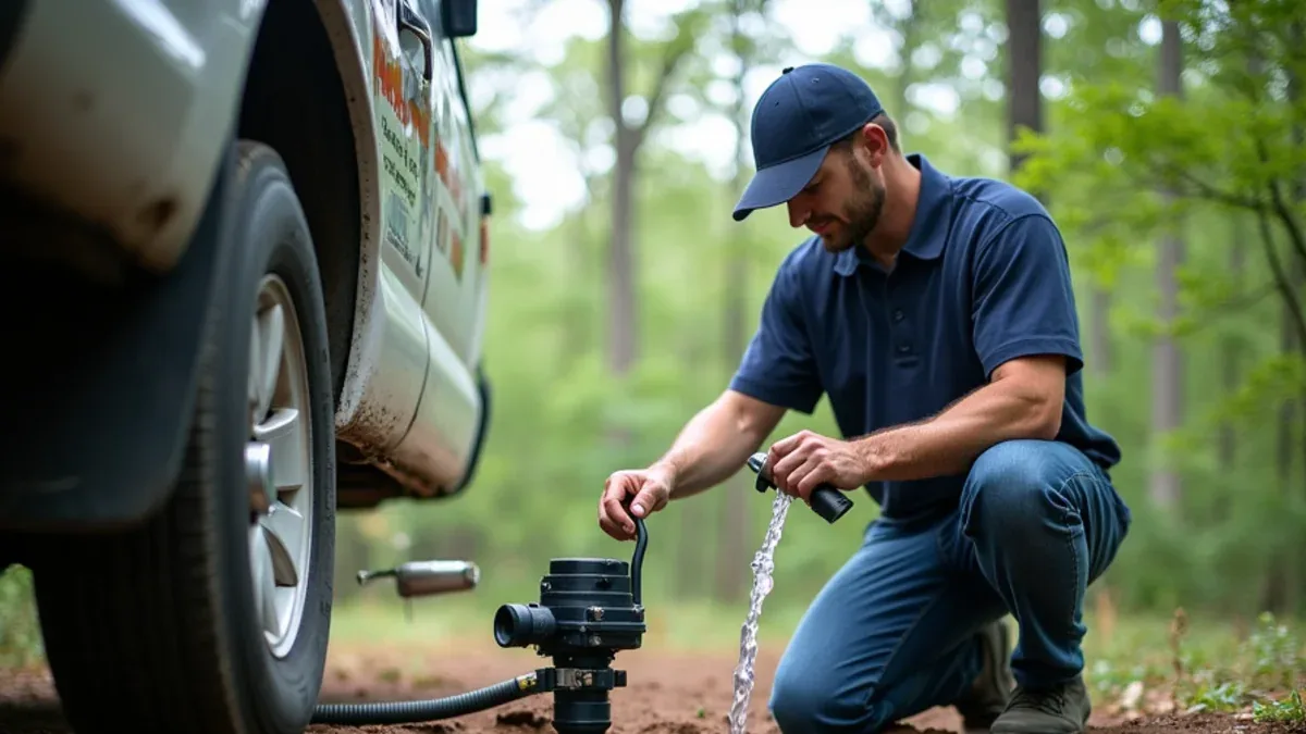 Homeowner testing a sump pump by pouring water into the basin before storm season
