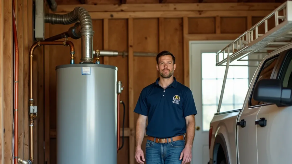 Wall-mounted tankless water heater beside a conventional tank water heater for comparison