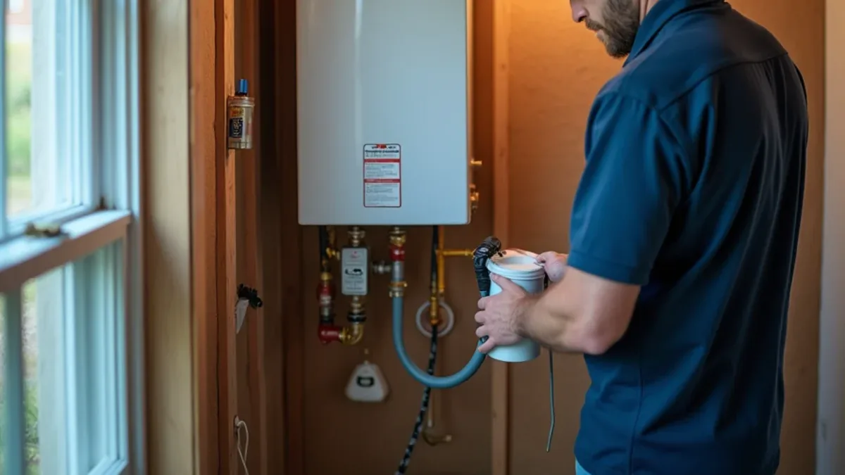 Wall-mounted tankless water heater installed in an Ooltewah, TN utility room