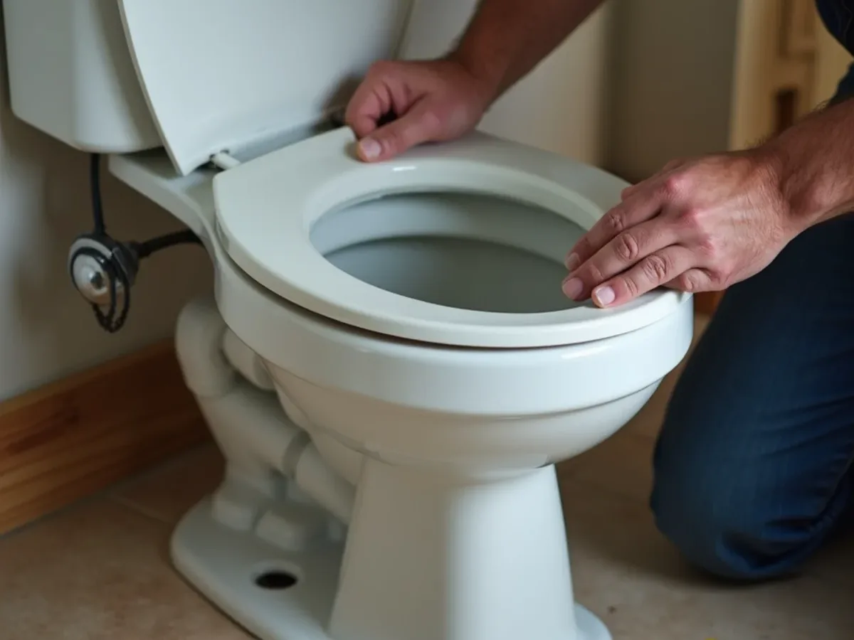Plumber setting a new toilet onto a fresh wax seal in Ooltewah, TN
