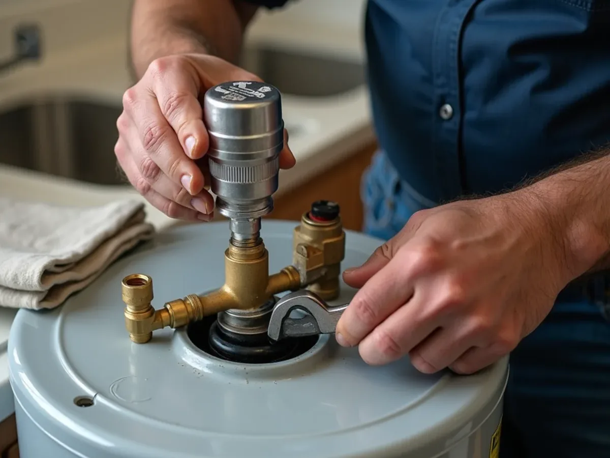 New water heater being set into a drain pan in an Ooltewah, TN garage