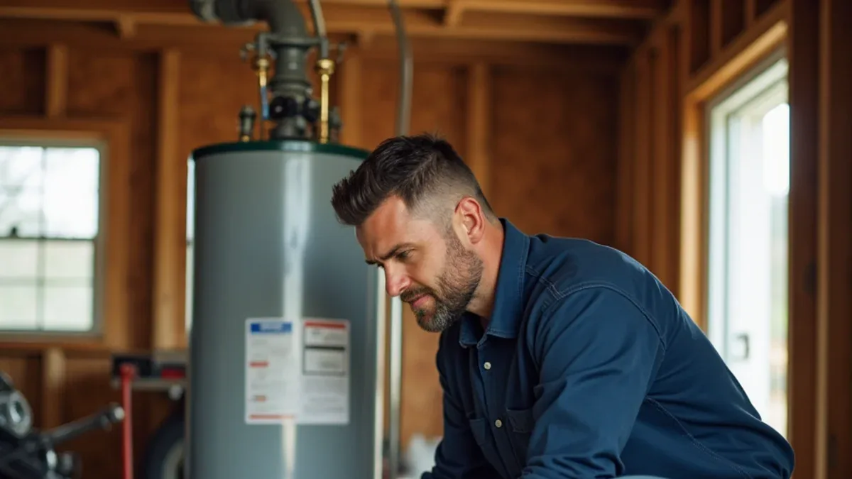 Plumber installing a new gas water heater in an Ooltewah, TN garage