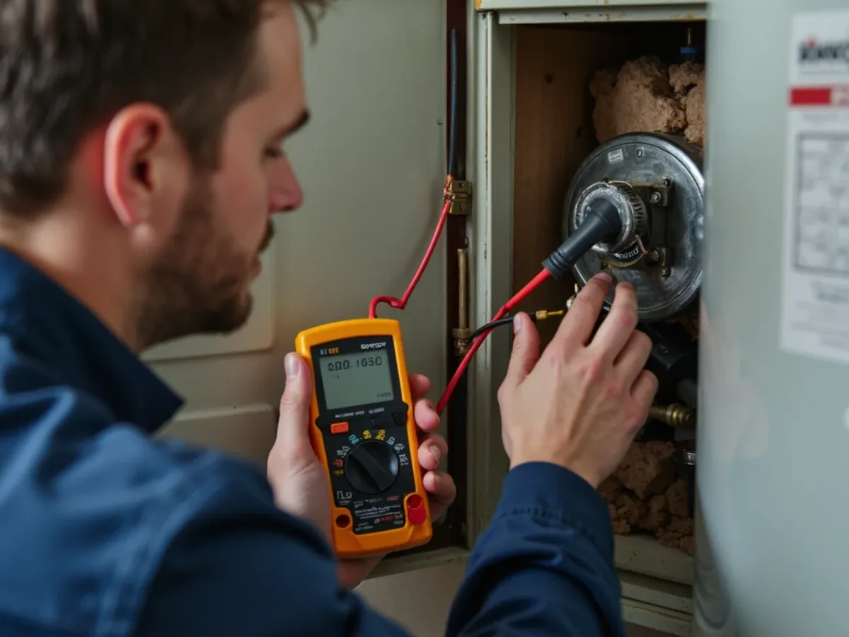 Plumber testing water heater components during a repair in Ooltewah, TN